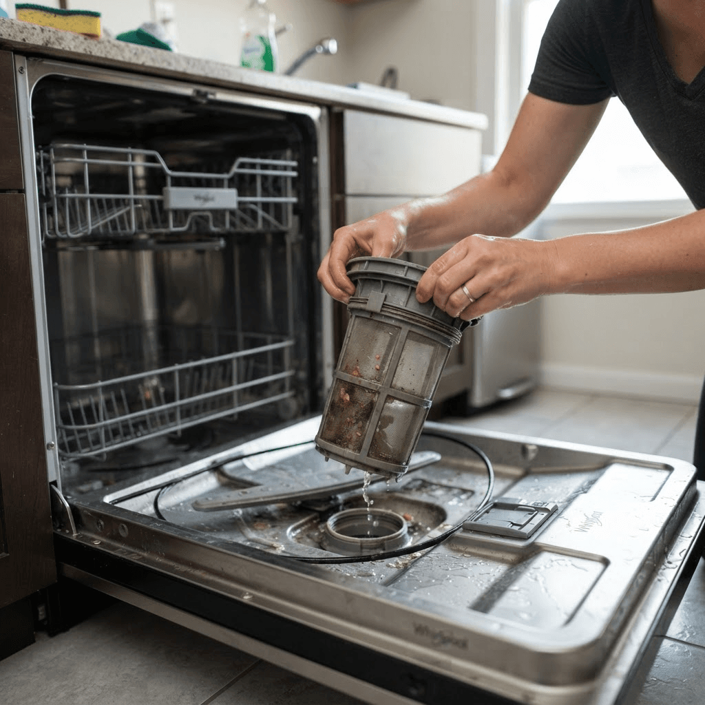 Hands removing a dishwasher filter basket from an open dishwasher