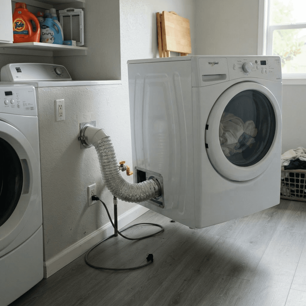 A clothes dryer pulled away from the wall showing the exhaust vent hose