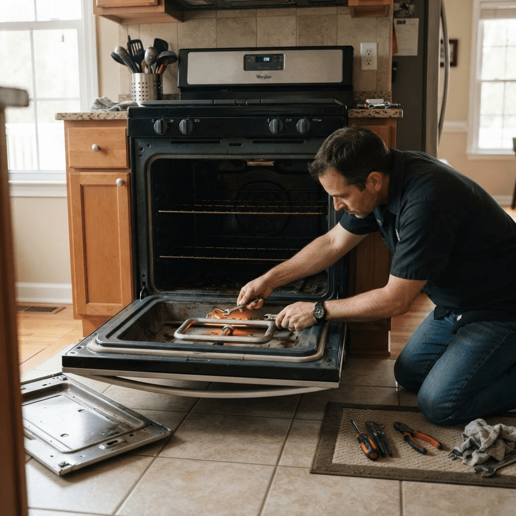 A gas oven with the bottom panel removed showing the igniter and burner area