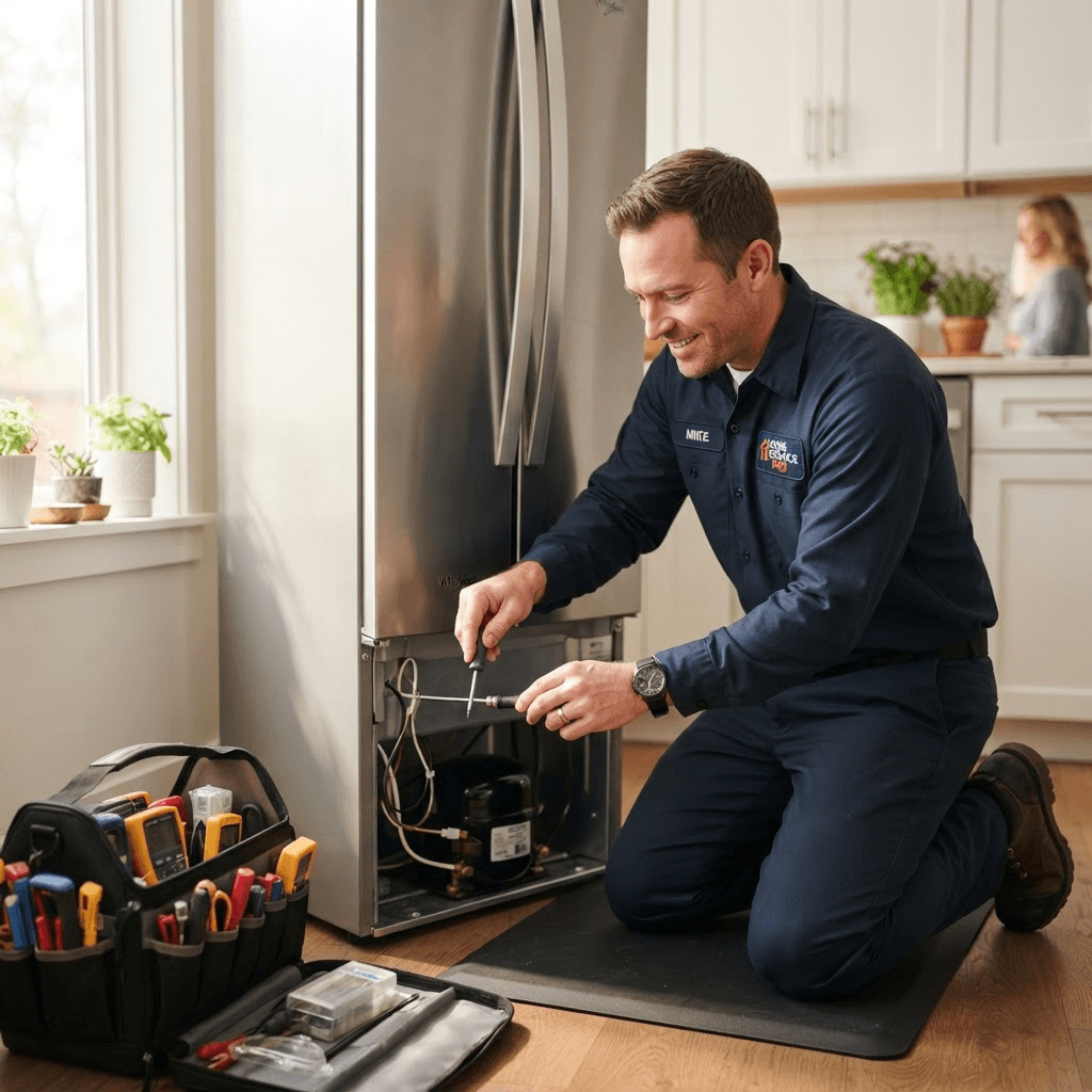 Murf's technician repairing a stainless steel refrigerator in a home kitchen